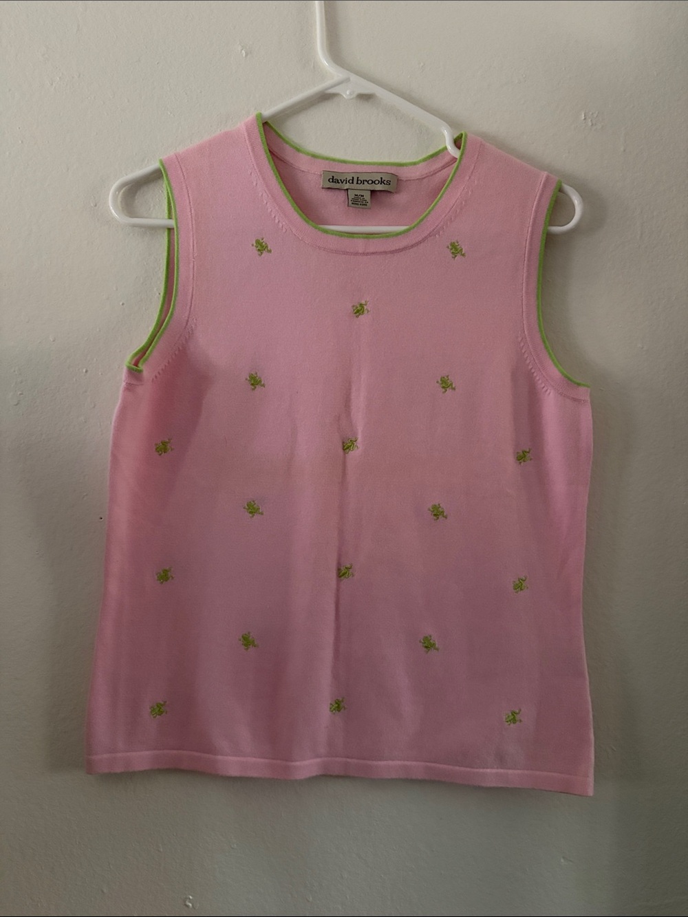 david brooks Pink Tank Top with Lime Green Embroidery
